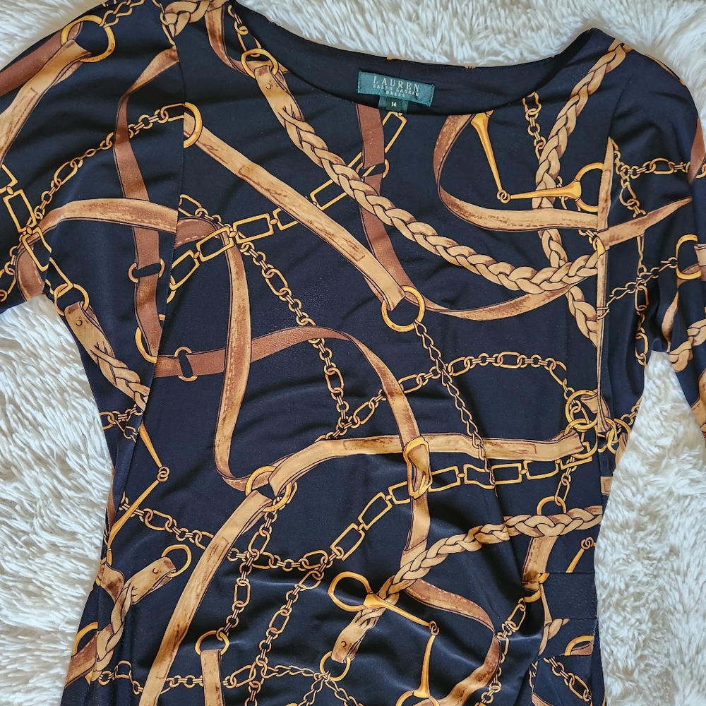 Lauren Ralph Lauren Black and Gold Chain Print Long Sleeve Dress - Picture 2 of 3
